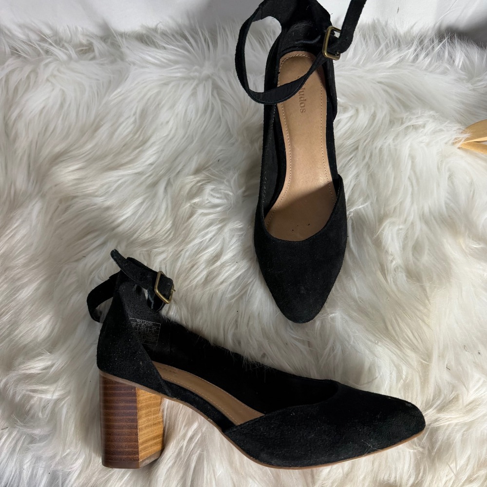 Soludos Black Suede Ankle Strap Block Heel Pumps 8 2107